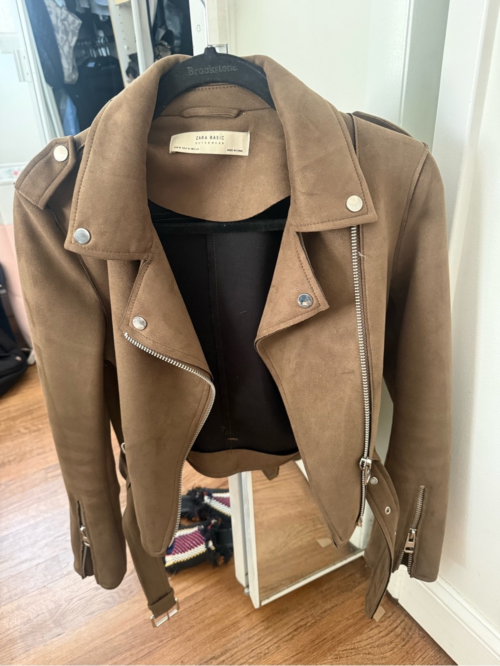 Zara Brown taupe Faux Suede Moto Biker Jacket Size M
